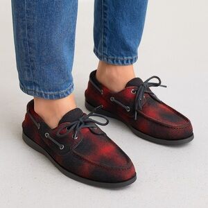 Sperry Wool Lined Boat Shoes Red Black Plaid Faux Fur Warm Men’s 10M